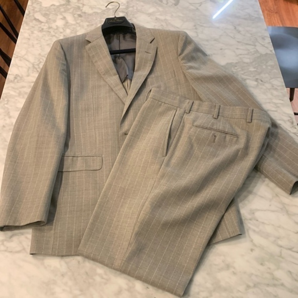 Brooks brother beige pinstripe wool suit, 40L blazer, 34” waist pant